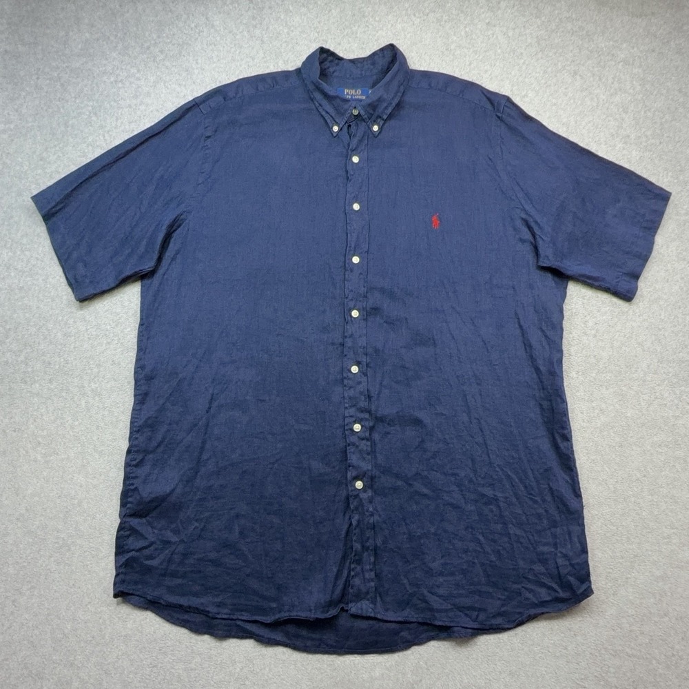 Polo Ralph Lauren Linen Shirt Mens XLT Blue Navy Short Sleeve Button Down Preppy